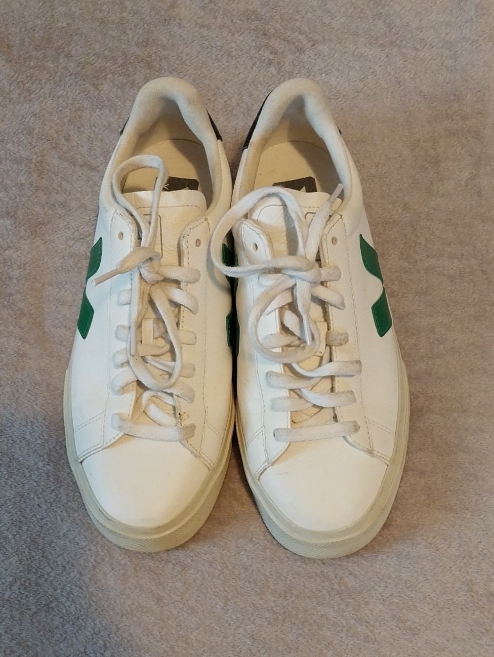 Veja White Leather Sneakers with Green V Logo - Men's